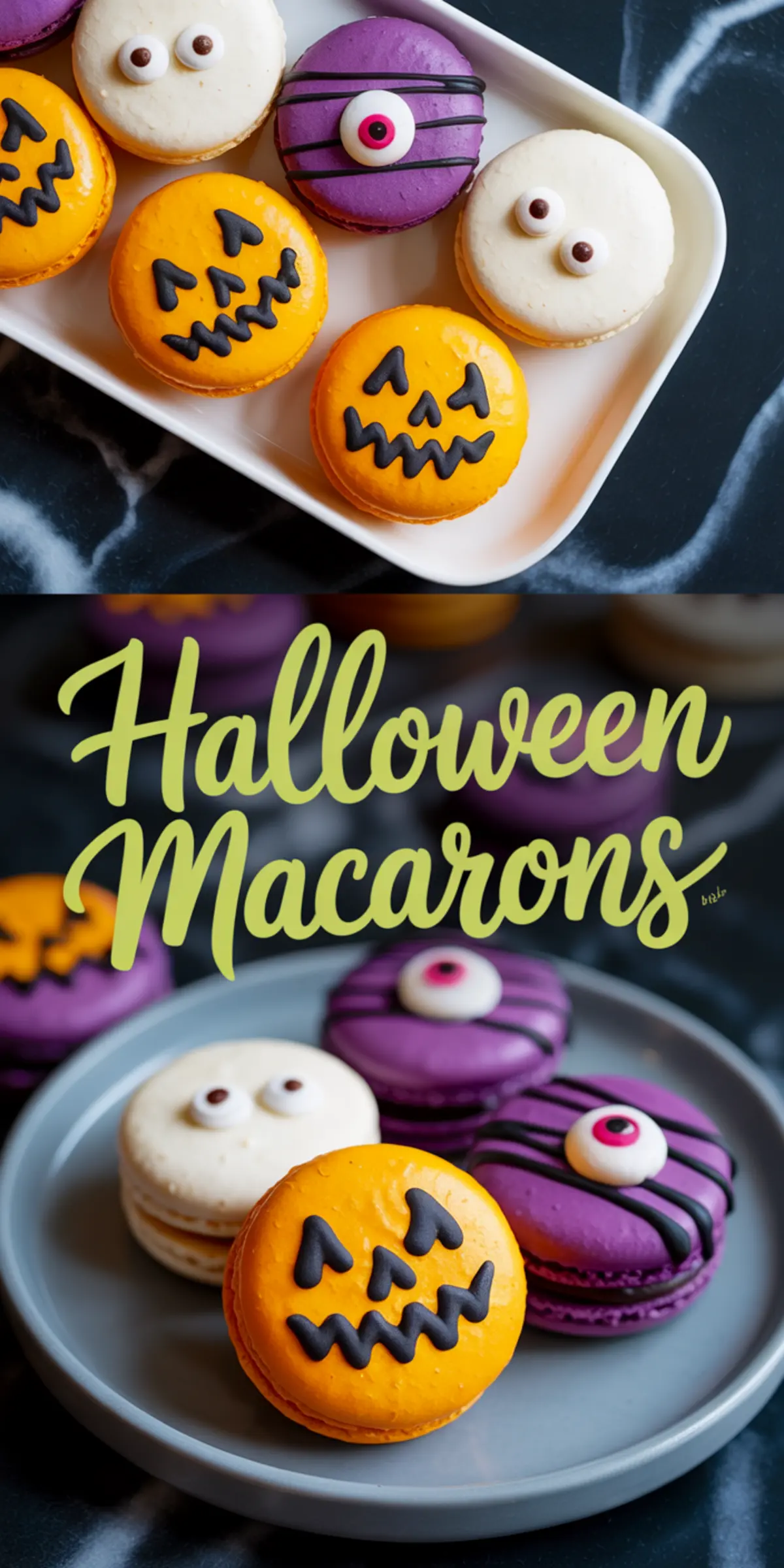 Pinterest pin presents orange, white, and purple macarons decorated as pumpkins, mummies, and monster eyes on a tray and plate, scripted text “Halloween Macarons” centered between the photos.