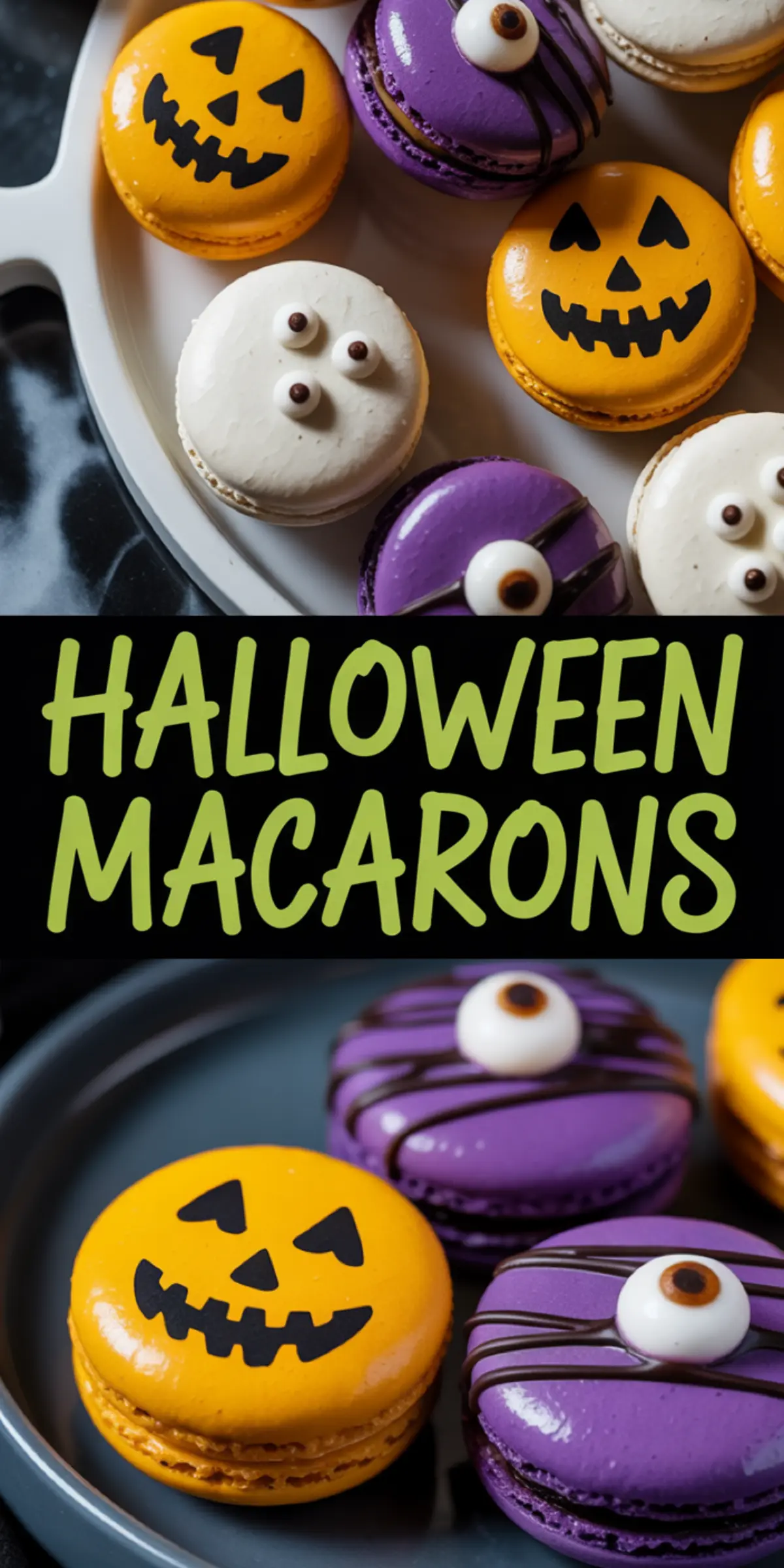 Tall collage features close-up shots of pumpkin, eyeball, and monster macarons separated by a dark banner that reads “HALLOWEEN MACARONS.”