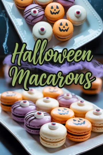 Vertical Pinterest graphic shows trays of white, orange, and purple Halloween macarons styled as jack-o’-lanterns, eyeballs, and mummies, overlaid with the title “Halloween Macarons.”