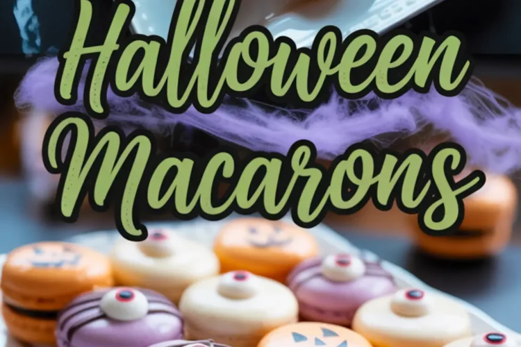 Vertical Pinterest graphic shows trays of white, orange, and purple Halloween macarons styled as jack-o’-lanterns, eyeballs, and mummies, overlaid with the title “Halloween Macarons.”