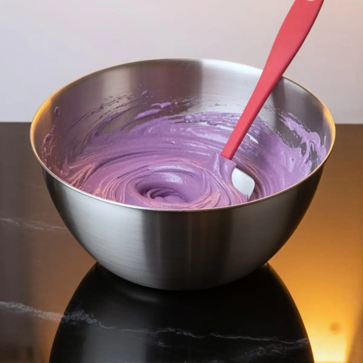 Stainless-steel bowl with glossy purple macaron batter, red silicone spatula folding the mixture on a black marble counter for Halloween cookies.