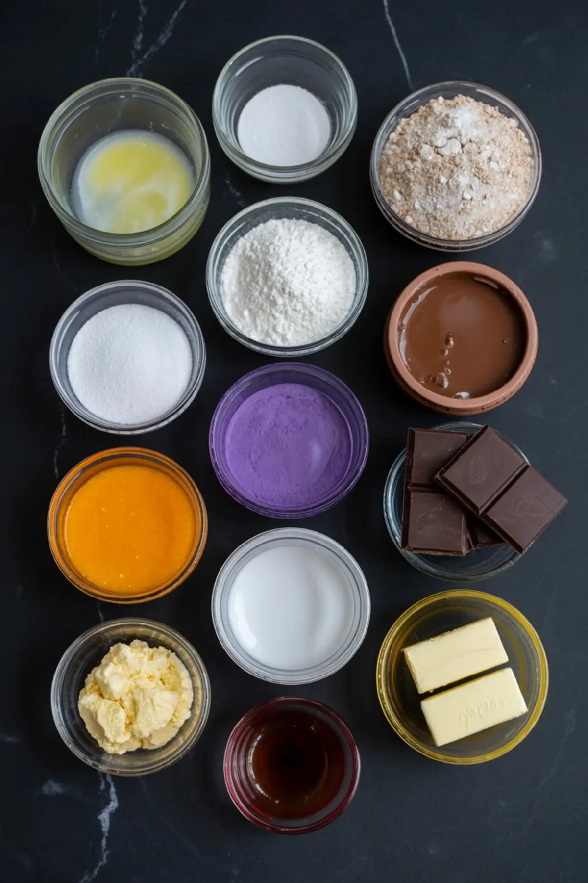 Overhead flat lay of macaron ingredients in glass bowls: almond flour, powdered sugar, granulated sugar, melted butter, egg whites, cream, dark chocolate squares, milk chocolate ganache, orange and purple food color powders, vanilla extract, and softened butter on a black surface.