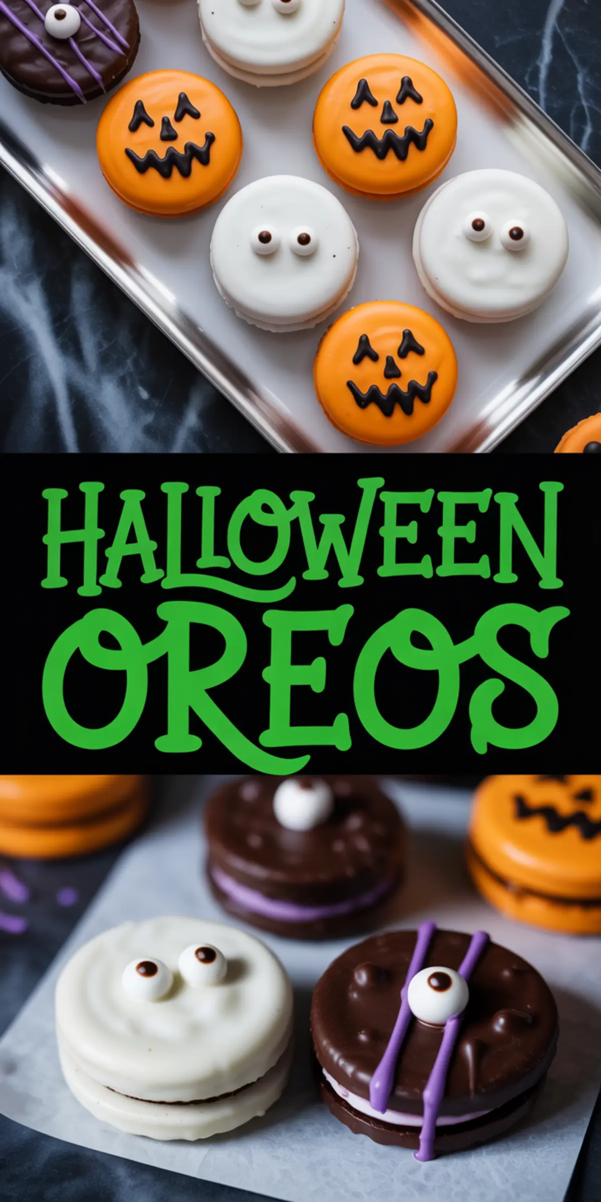 Collage featuring decorated Halloween Oreo cookies designed as mummies, pumpkins, and monsters with candy eyes, arranged on trays and parchment paper with bold green text reading “Halloween Oreos.”
