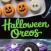 Collage of Halloween-themed Oreo cookies featuring green mummy faces, jack-o’-lantern designs, and single-eyed monster cookies with a bold “Halloween Oreos” text in bright green across a black banner.