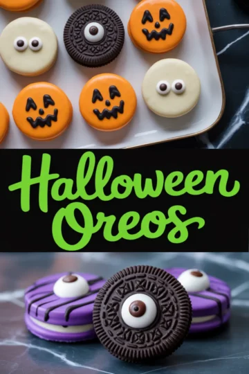 Collage of Halloween-themed Oreo cookies featuring green mummy faces, jack-o’-lantern designs, and single-eyed monster cookies with a bold “Halloween Oreos” text in bright green across a black banner.