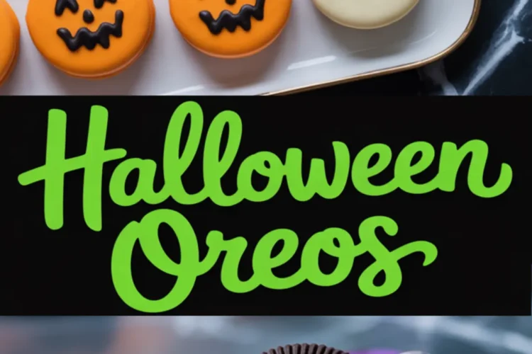 Collage of Halloween-themed Oreo cookies featuring green mummy faces, jack-o’-lantern designs, and single-eyed monster cookies with a bold “Halloween Oreos” text in bright green across a black banner.