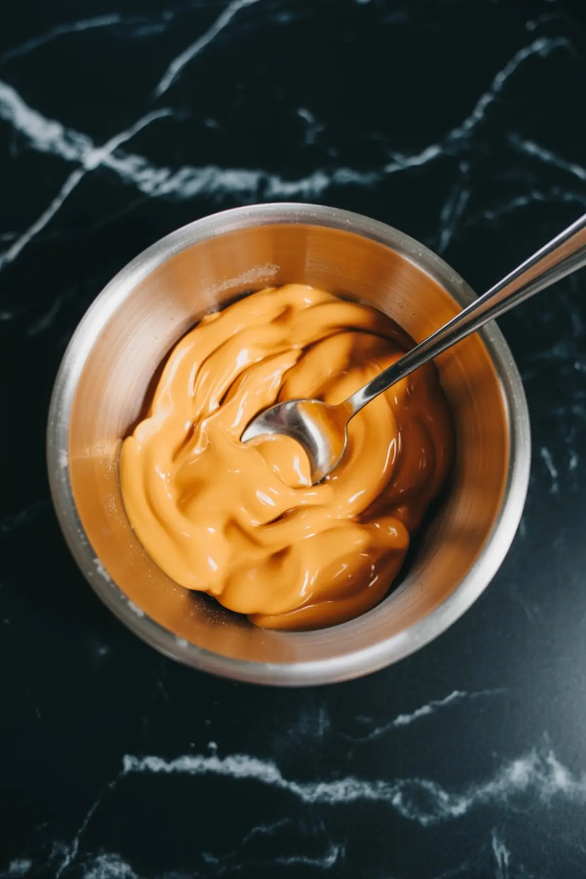 Melted orange candy coating in a stainless steel bowl with a spoon, prepared for decorating Halloween-themed dipped cookies.