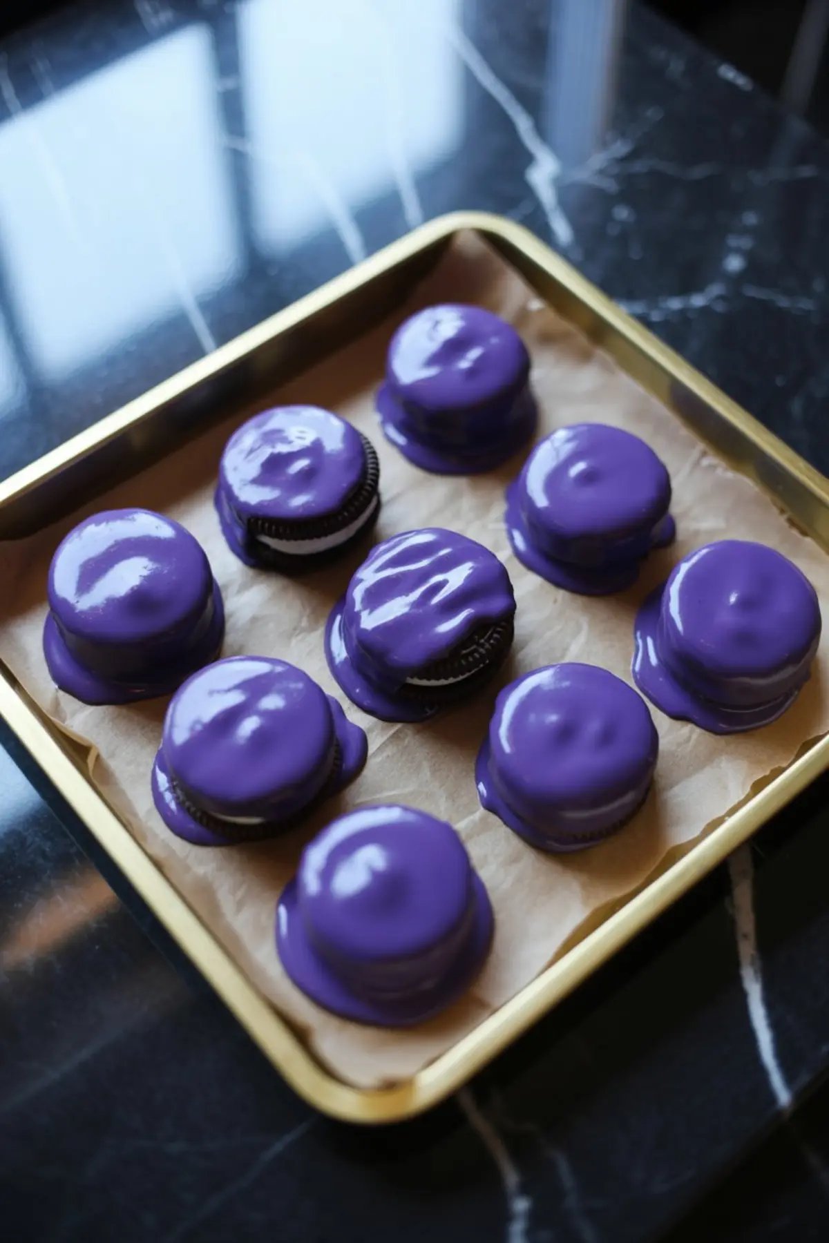 Tray of Oreo cookies coated in glossy purple candy melt, arranged on parchment paper for setting before decoration.