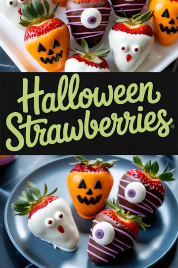 Collage showing Halloween-decorated strawberries with jack-o’-lantern, ghost, and monster designs made with orange, white, and dark chocolate, presented on white and gray plates. Bold text in the center reads “Halloween Strawberries.”