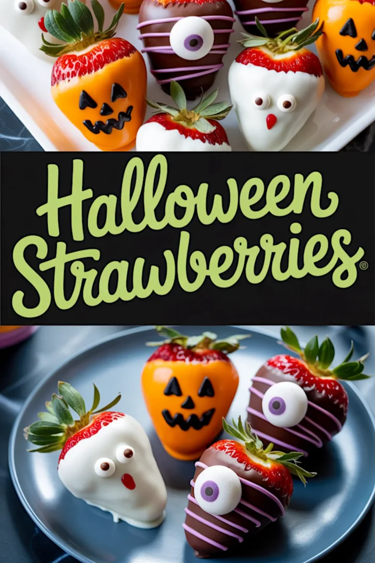 Collage showing Halloween-decorated strawberries with jack-o’-lantern, ghost, and monster designs made with orange, white, and dark chocolate, presented on white and gray plates. Bold text in the center reads “Halloween Strawberries.”