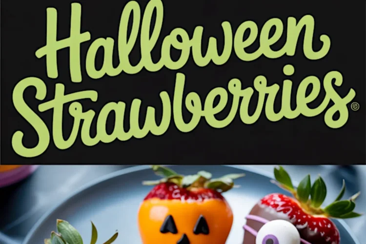 Collage showing Halloween-decorated strawberries with jack-o’-lantern, ghost, and monster designs made with orange, white, and dark chocolate, presented on white and gray plates. Bold text in the center reads “Halloween Strawberries.”