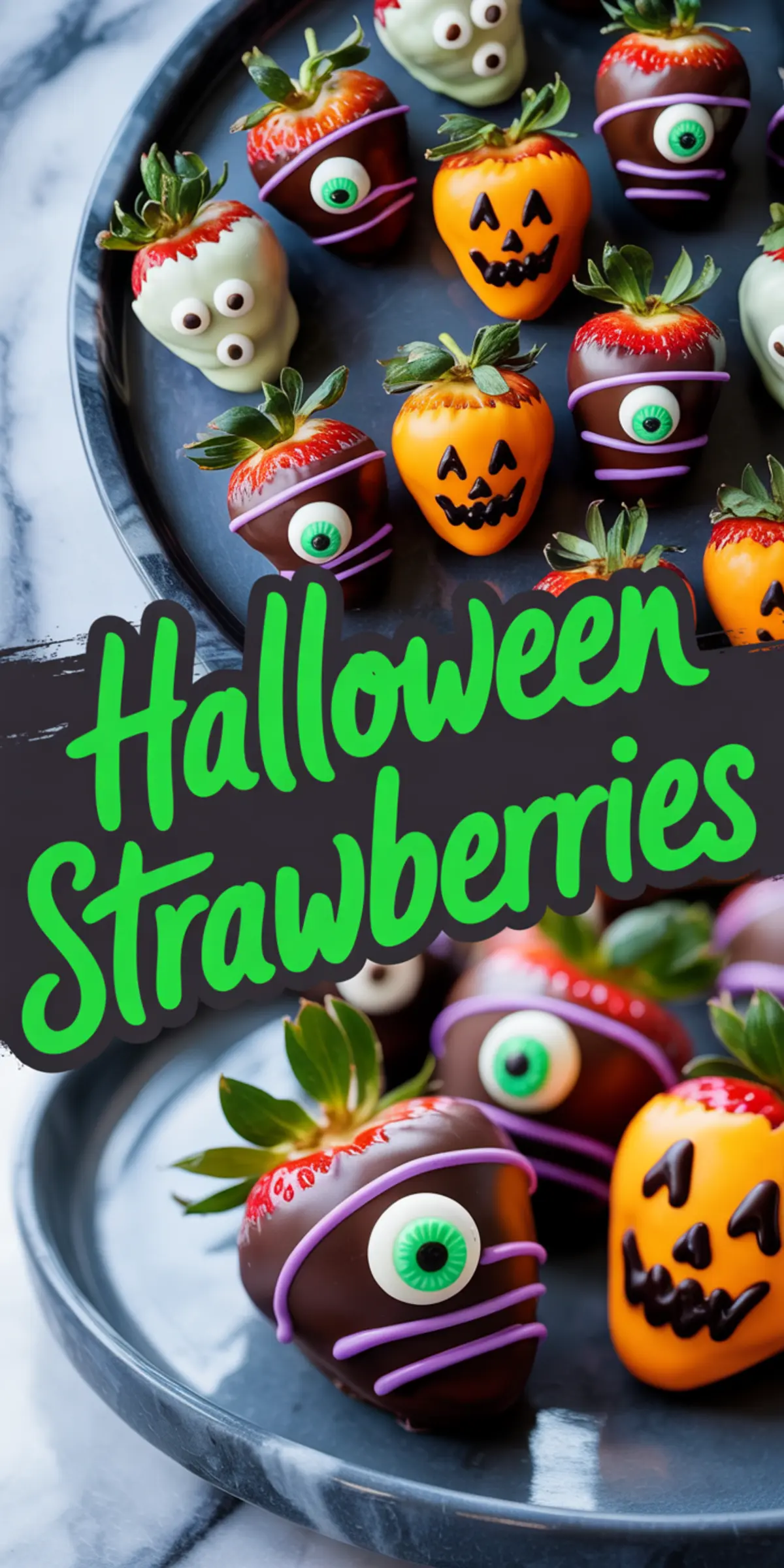 Collage of Halloween chocolate-covered strawberries decorated with candy eyes and spooky faces using colored chocolate and icing, arranged on a round black tray. Text overlay says “Halloween Strawberries.”
