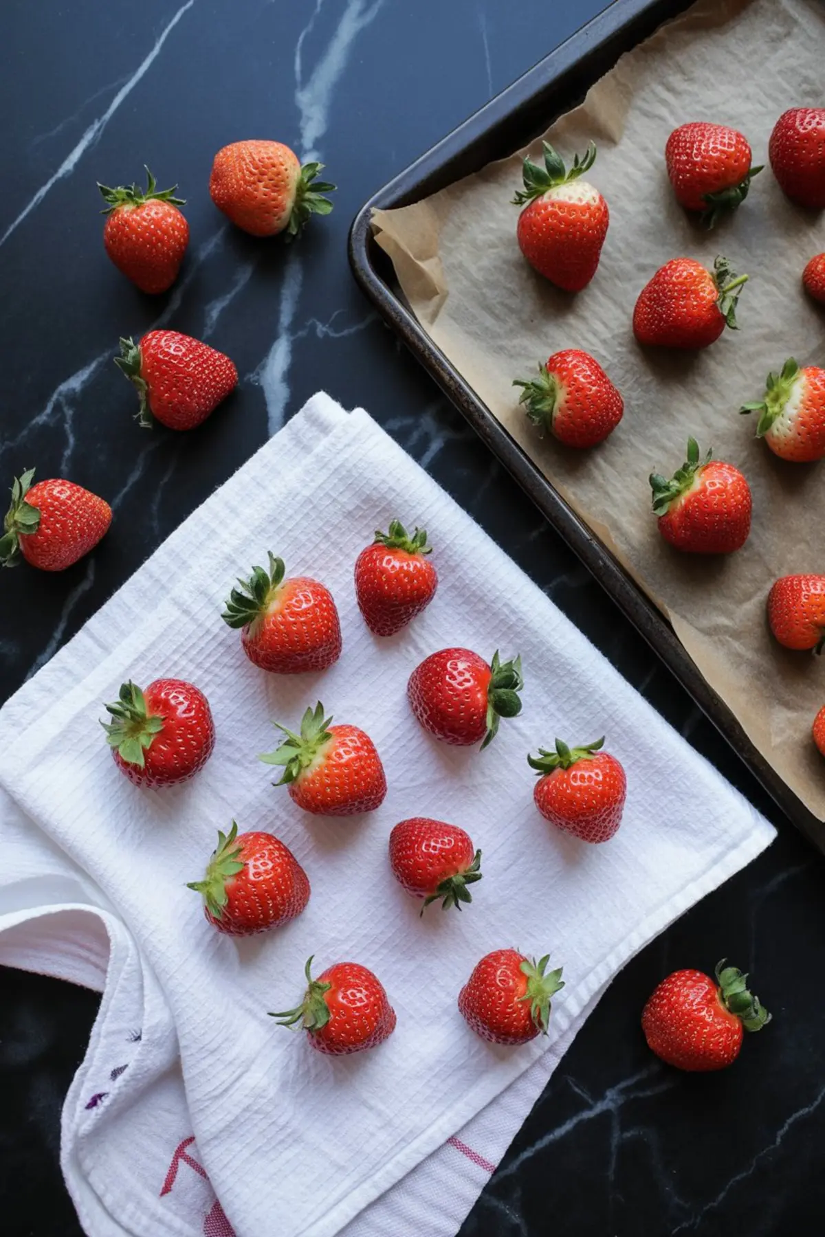 Fresh strawberries arranged on a white towel and parchment-lined baking tray, ready for dipping on a dark marble countertop.