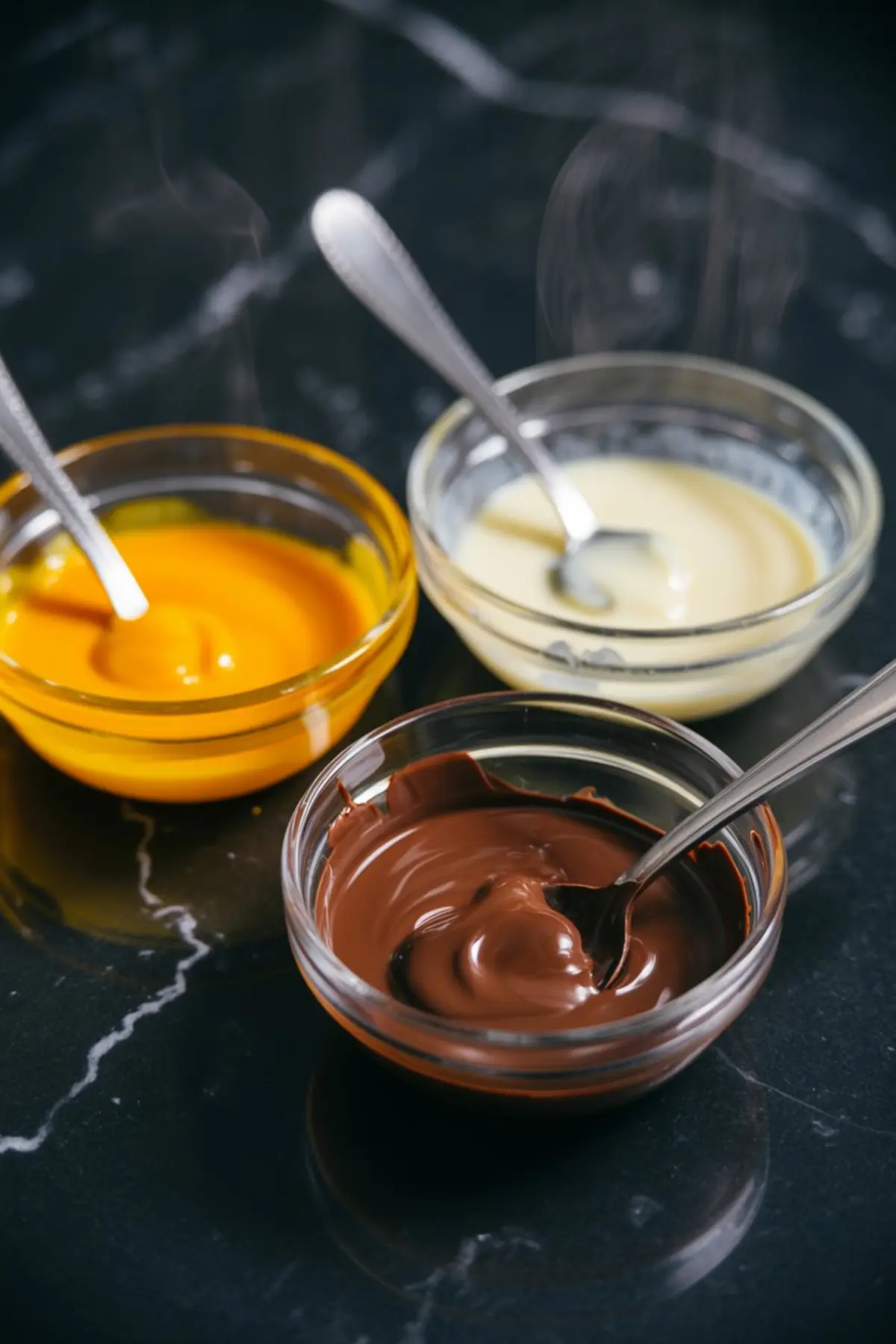 Three glass bowls filled with melted chocolate in dark, white, and orange varieties, each with a spoon, placed on a black marble surface.