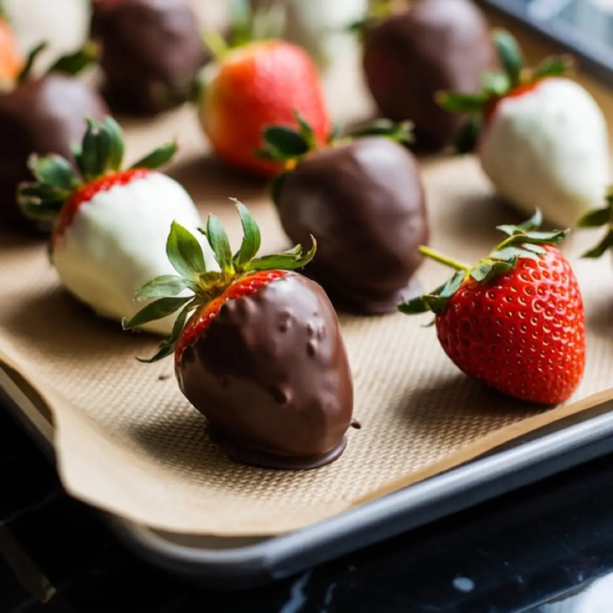 Strawberries dipped in white and dark chocolate cooling on a parchment-lined baking tray.