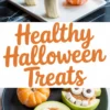Collage showing Halloween fruit snacks: bananas decorated as ghosts with chocolate chip eyes and mandarins styled as pumpkins with celery stems, alongside green apple slices filled with peanut butter and topped with marshmallows and chocolate chips to look like monster faces.