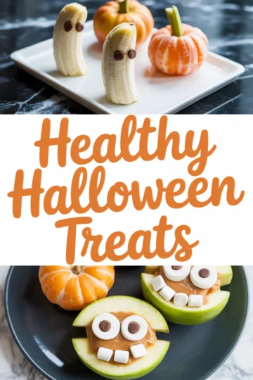 Collage showing Halloween fruit snacks: bananas decorated as ghosts with chocolate chip eyes and mandarins styled as pumpkins with celery stems, alongside green apple slices filled with peanut butter and topped with marshmallows and chocolate chips to look like monster faces.