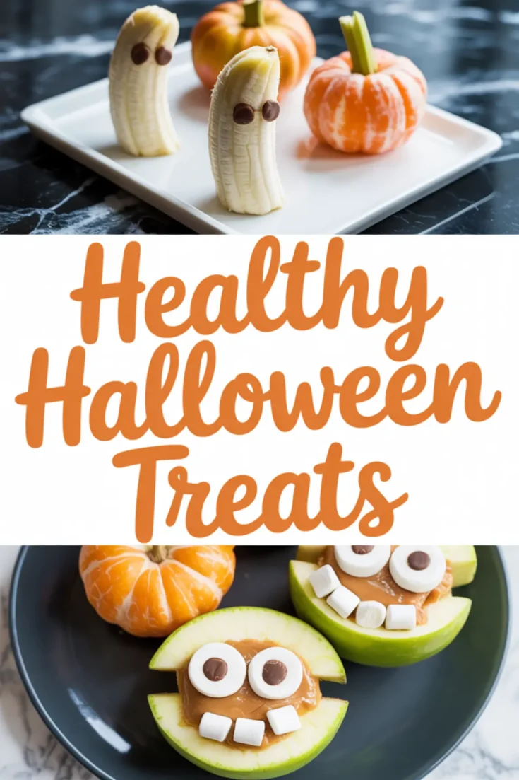Collage showing Halloween fruit snacks: bananas decorated as ghosts with chocolate chip eyes and mandarins styled as pumpkins with celery stems, alongside green apple slices filled with peanut butter and topped with marshmallows and chocolate chips to look like monster faces.