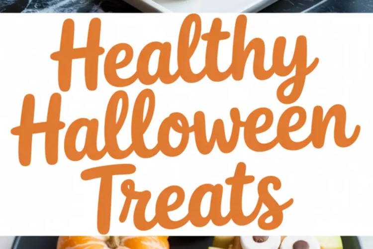 Collage showing Halloween fruit snacks: bananas decorated as ghosts with chocolate chip eyes and mandarins styled as pumpkins with celery stems, alongside green apple slices filled with peanut butter and topped with marshmallows and chocolate chips to look like monster faces.