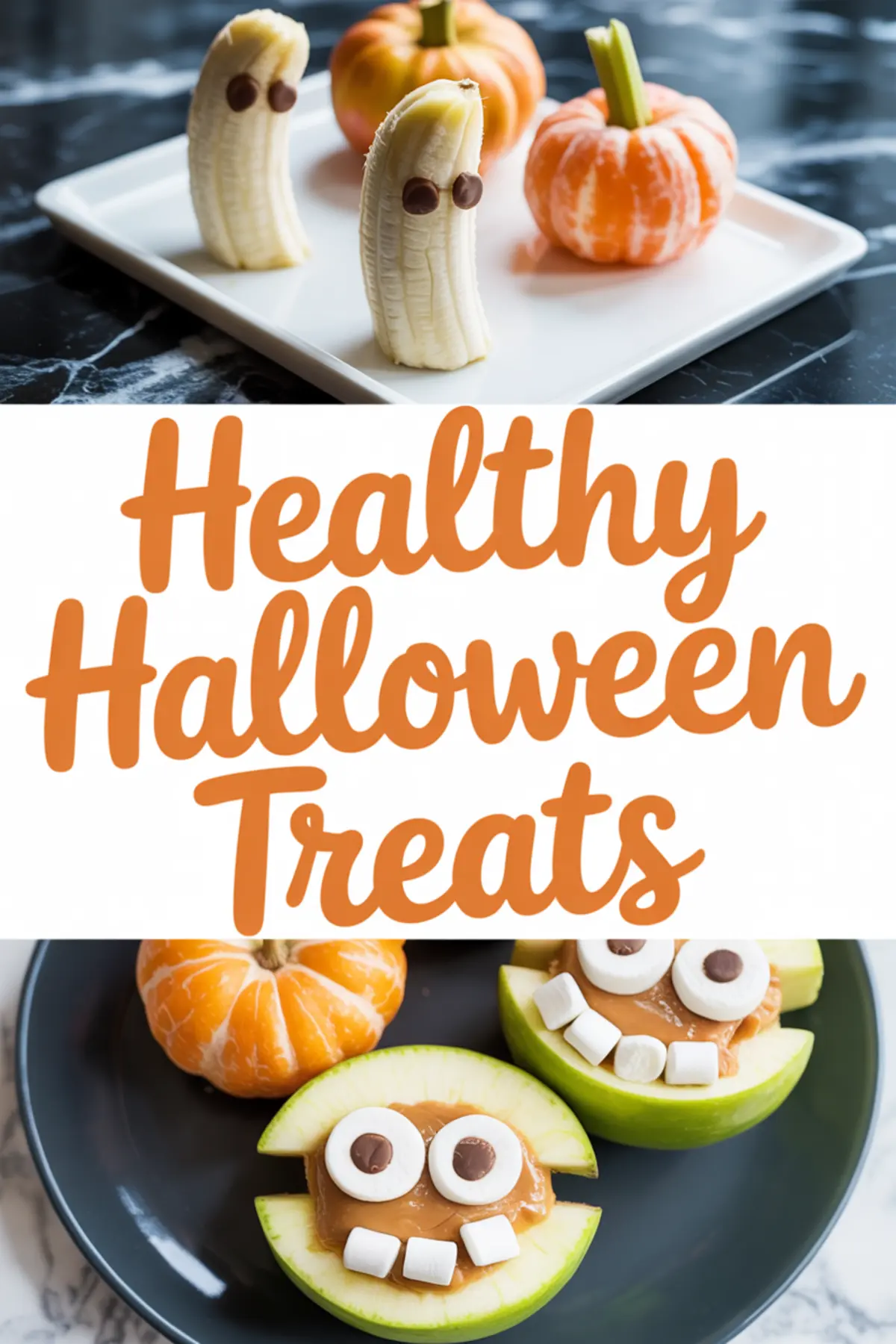 Collage showing Halloween fruit snacks: bananas decorated as ghosts with chocolate chip eyes and mandarins styled as pumpkins with celery stems, alongside green apple slices filled with peanut butter and topped with marshmallows and chocolate chips to look like monster faces.
