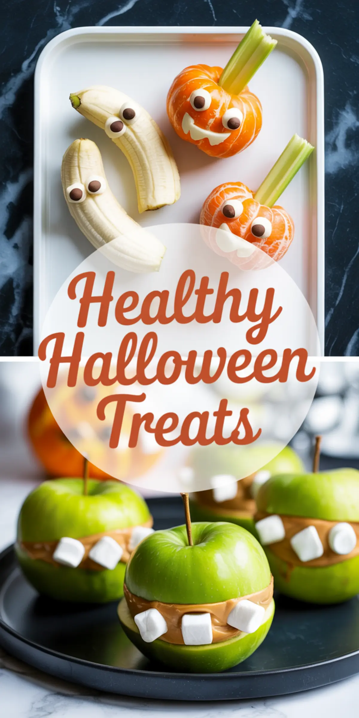 Collage of Halloween-themed healthy snacks featuring banana ghosts with chocolate chip eyes, clementine pumpkins with celery stems, and green apples filled with peanut butter and marshmallows to create monster mouths.