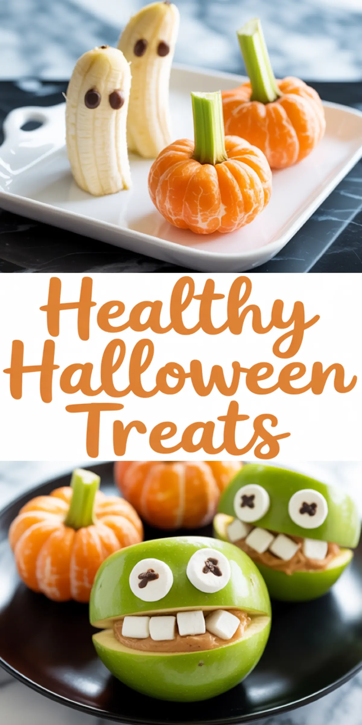 Collage of festive Halloween treats including banana ghosts with chocolate chip eyes, mandarin pumpkins with celery stems, and green apple monster faces filled with peanut butter, decorated with marshmallow teeth and eyes.