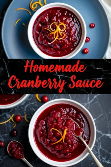 Overhead shots of thick, glossy cranberry sauce served in white bowls on a blue plate, garnished with citrus peel, framed by red and black text reading “Homemade Cranberry Sauce.”