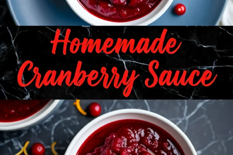 Overhead shots of thick, glossy cranberry sauce served in white bowls on a blue plate, garnished with citrus peel, framed by red and black text reading “Homemade Cranberry Sauce.”