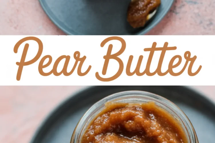 A jar of rich, spiced pear butter on a dark plate with a spoonful beside it, with text reading “Pear Butter.”