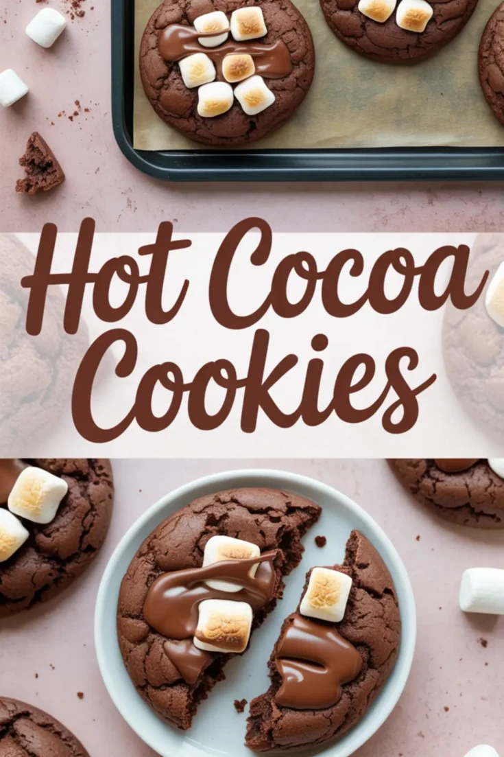 Collage image featuring hot cocoa cookies topped with melted chocolate and toasted mini marshmallows, with the text “Hot Cocoa Cookies” in bold brown font across the center.