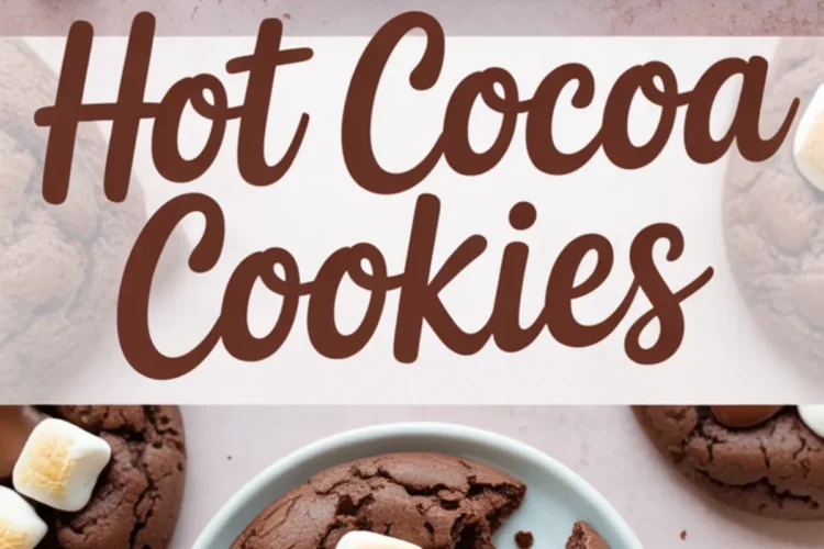 Collage image featuring hot cocoa cookies topped with melted chocolate and toasted mini marshmallows, with the text “Hot Cocoa Cookies” in bold brown font across the center.