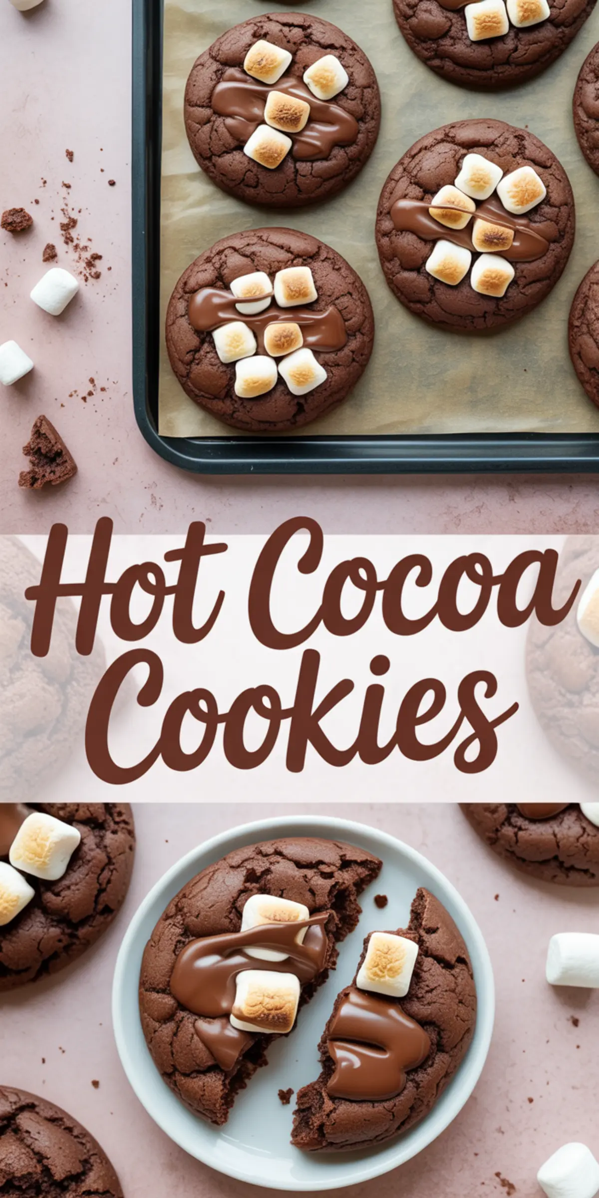 Vertical collage of hot cocoa cookies with gooey chocolate and toasted marshmallows, featuring a close-up of a broken cookie on a plate and styled text in the middle.
