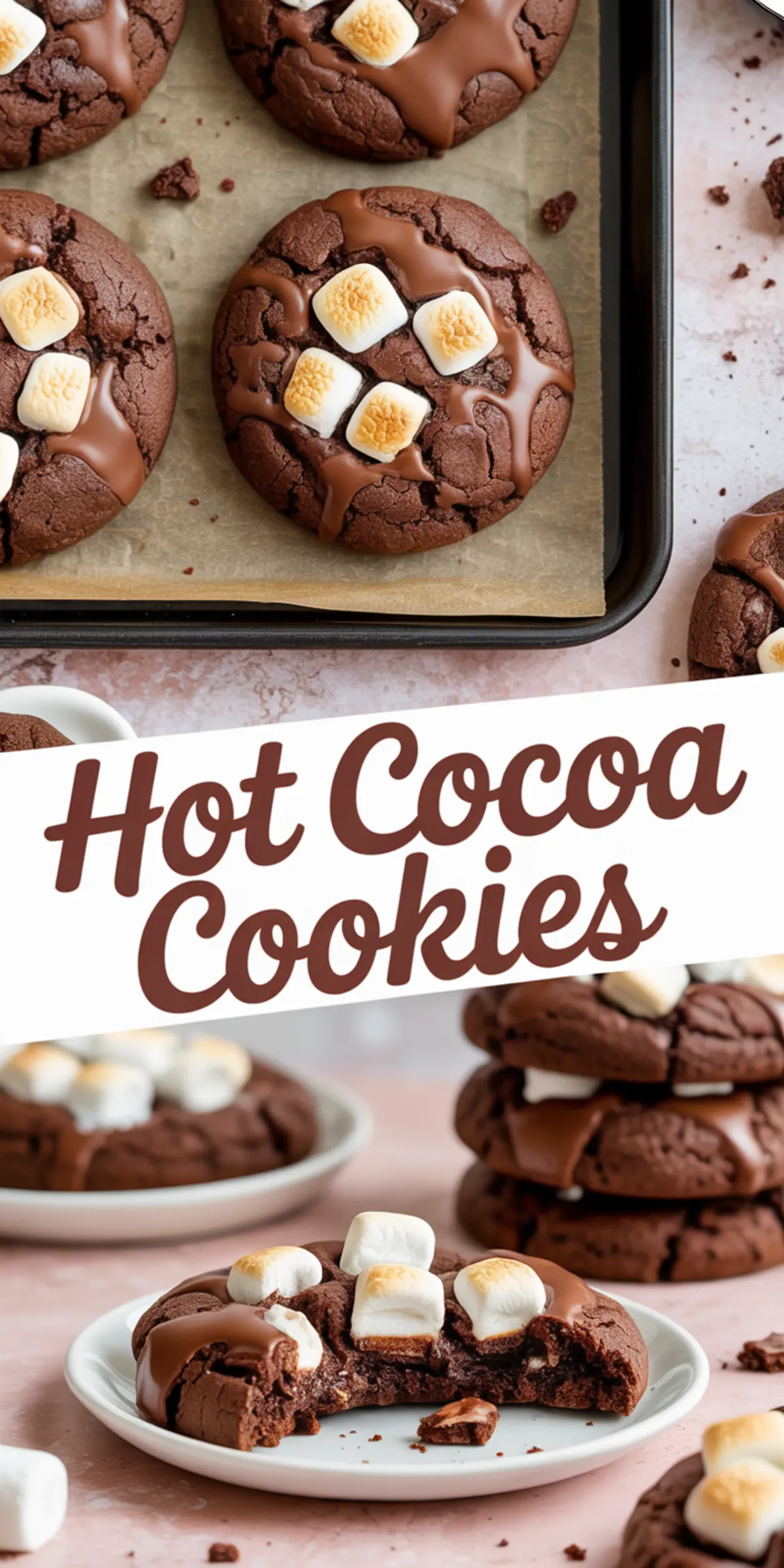 Vertical collage showing hot cocoa cookies stacked and served on plates, topped with melted chocolate and toasted marshmallows, with bold “Hot Cocoa Cookies” text in the center.
