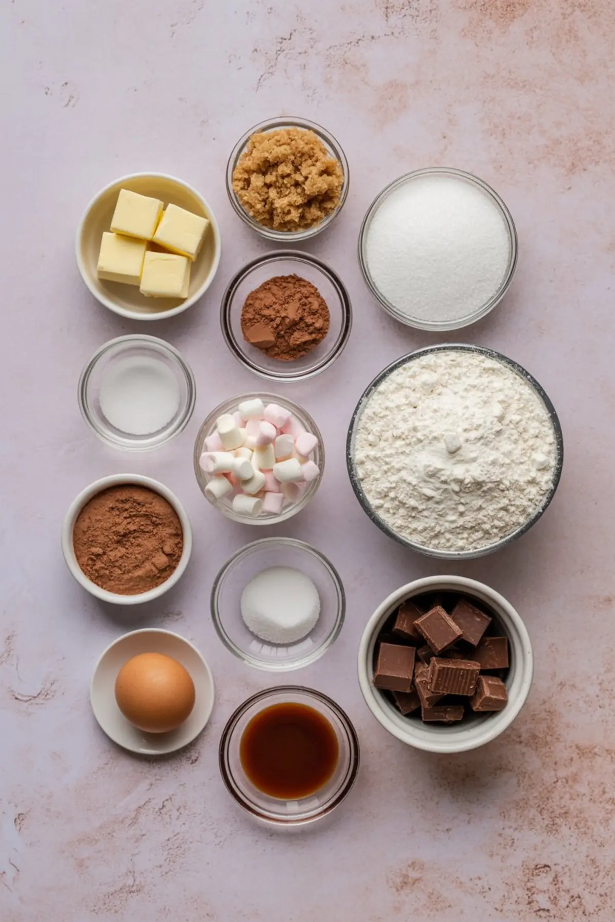 Flat lay of hot cocoa cookie ingredients including flour, butter, sugar, cocoa powder, chocolate chunks, egg, marshmallows, and vanilla extract in small glass bowls.
