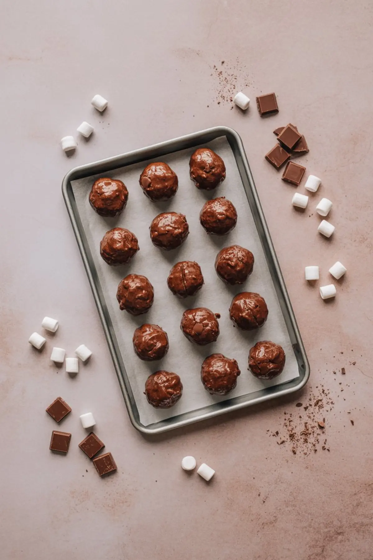 Chocolate cookie dough balls arranged on a parchment-lined baking tray, surrounded by mini marshmallows and milk chocolate squares on a light pink surface.
