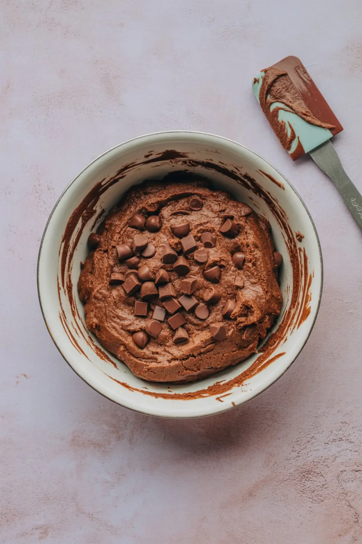 Mixing bowl filled with rich chocolate cookie dough topped with chocolate chunks and chips, next to a silicone spatula with dough remnants on a textured pink background.
