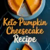 Overhead view of sliced keto pumpkin cheesecake with text overlay, featuring a golden-orange filling and almond flour crust on a blue plate.