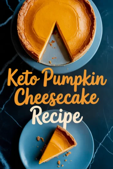 Overhead view of sliced keto pumpkin cheesecake with text overlay, featuring a golden-orange filling and almond flour crust on a blue plate.