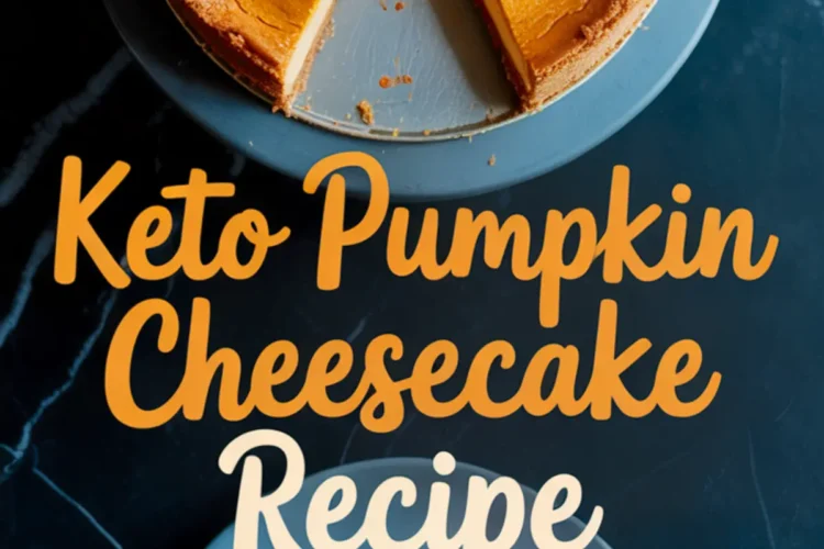 Overhead view of sliced keto pumpkin cheesecake with text overlay, featuring a golden-orange filling and almond flour crust on a blue plate.