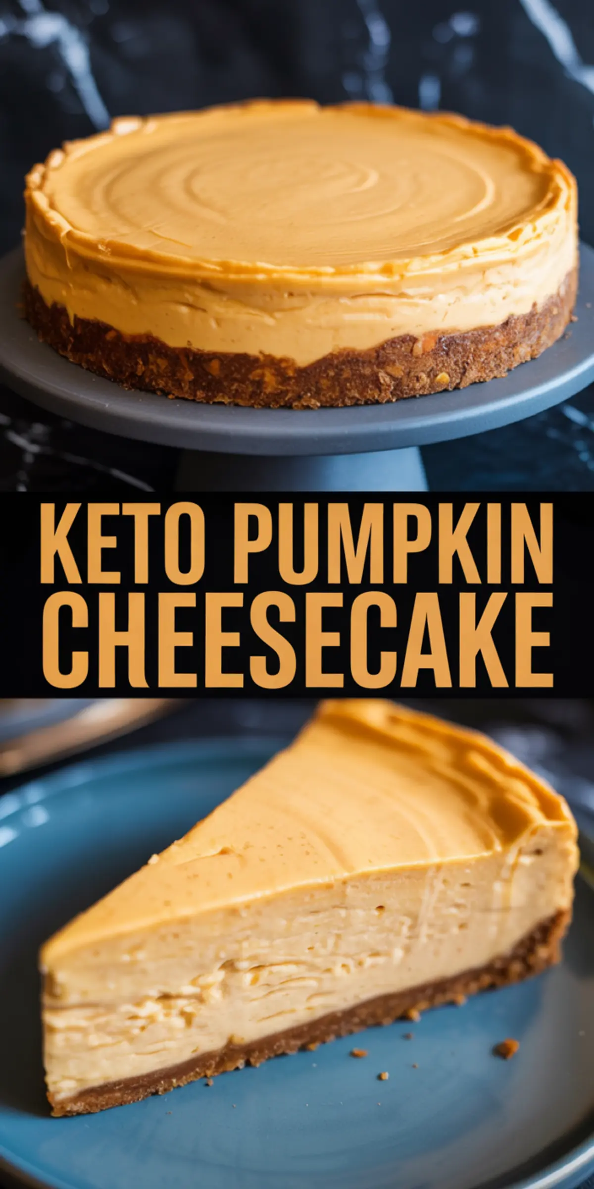 Vertical collage showing a full keto pumpkin cheesecake and a close-up of a single slice, highlighting the creamy texture and rich pumpkin color with almond flour crust.
