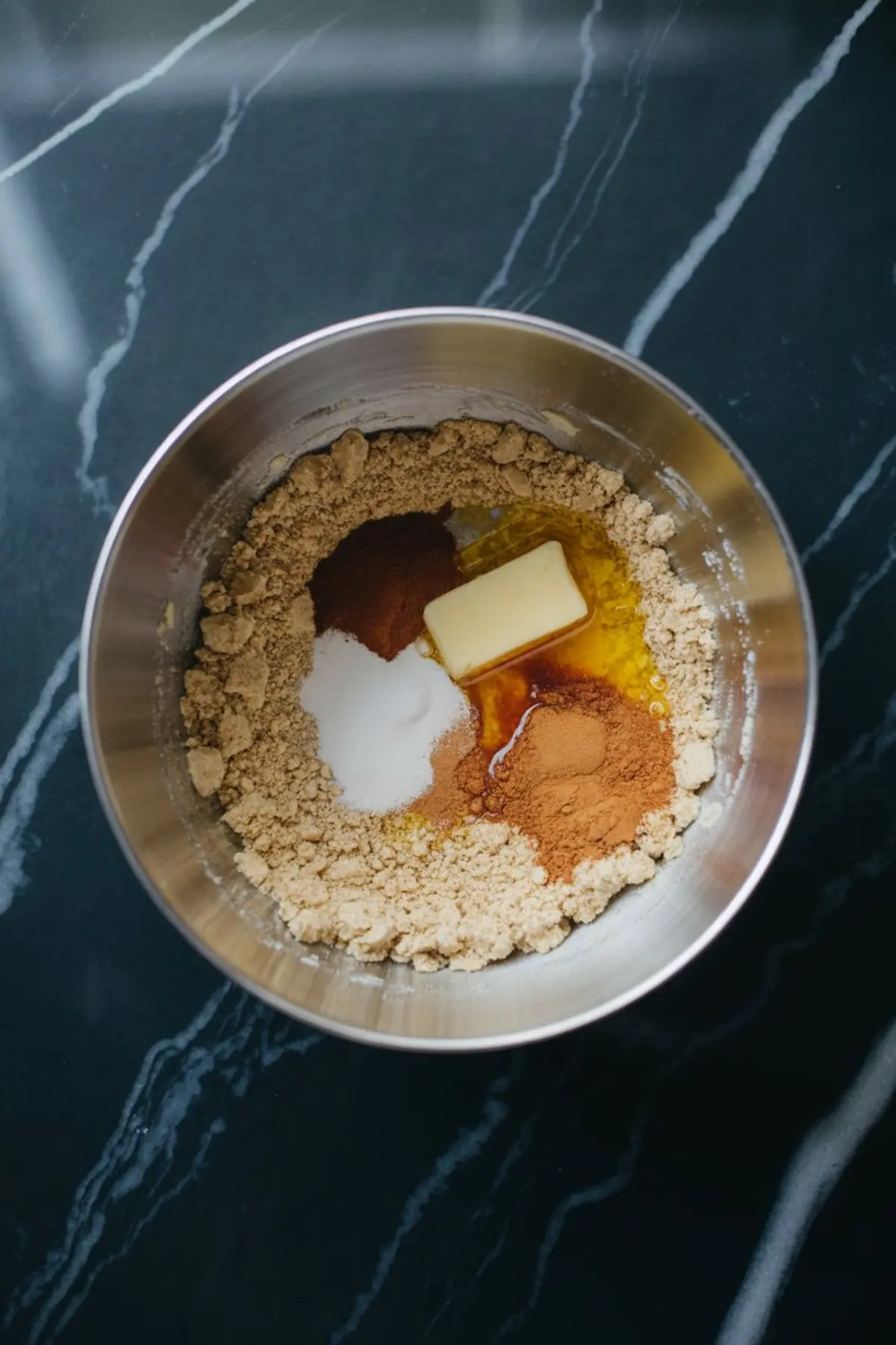 Mixing bowl with almond flour crust ingredients for keto pumpkin cheesecake, featuring butter, sweetener, cinnamon, nutmeg, and vanilla extract before combining.
