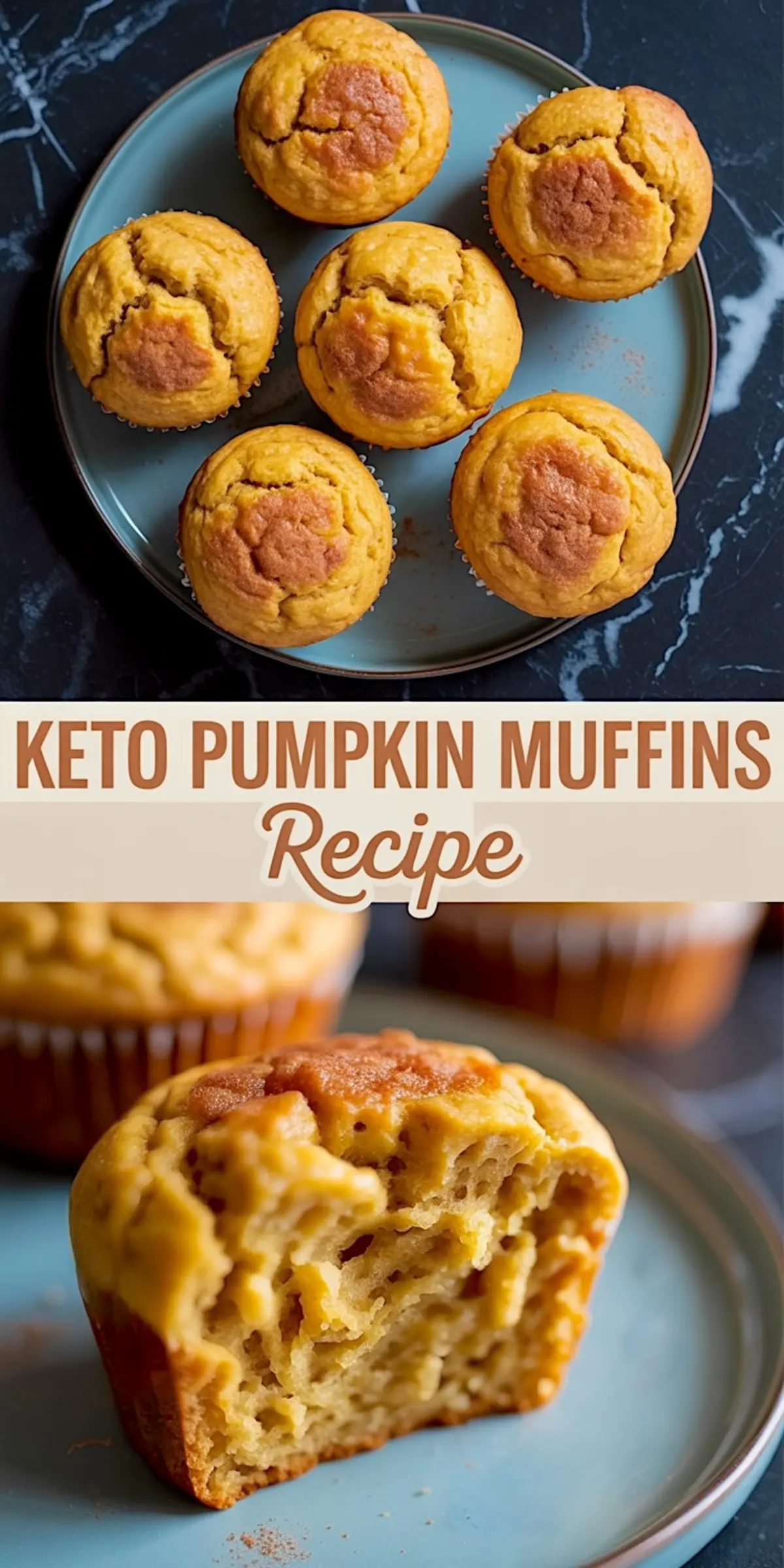 Overhead and close-up collage of freshly baked keto pumpkin muffins on a round plate, with a focus on cracked tops and moist interior, highlighted with a vertical recipe banner.