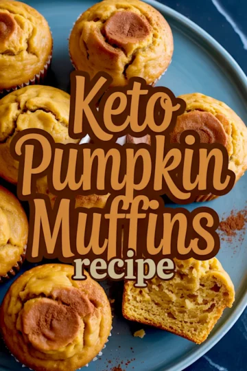 Keto pumpkin muffins displayed on a plate with a center text overlay, featuring whole and sliced muffins showing their fluffy texture and cinnamon topping.