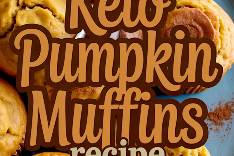 Keto pumpkin muffins displayed on a plate with a center text overlay, featuring whole and sliced muffins showing their fluffy texture and cinnamon topping.