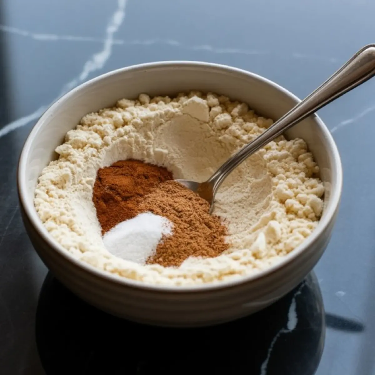A mixing bowl with almond flour, cinnamon, nutmeg, and baking powder being combined with a metal spoon, capturing dry ingredients for keto pumpkin muffins.