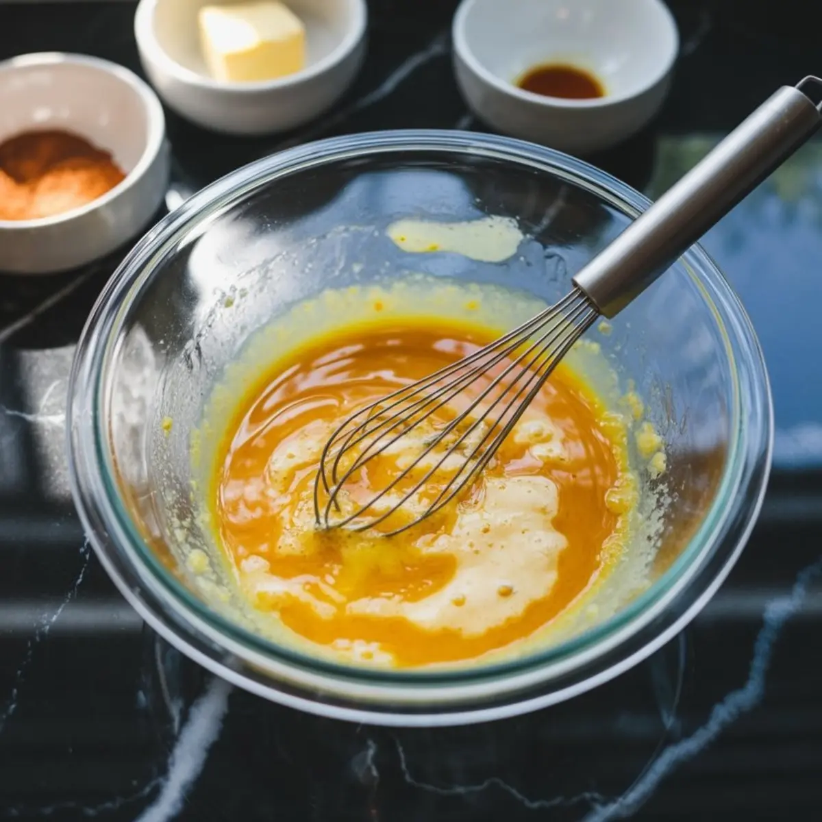A glass mixing bowl filled with wet pumpkin muffin batter being whisked, surrounded by butter, vanilla, and spices in white ramekins on a dark counter.