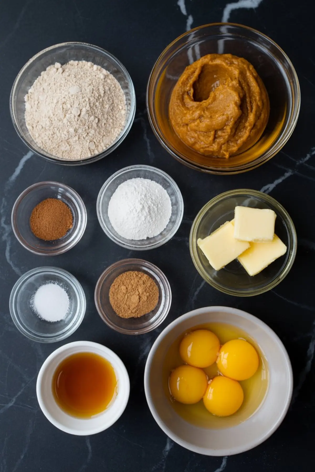 Flat lay of keto baking ingredients on a black marble surface, including almond flour, pumpkin puree, butter, eggs, vanilla extract, baking powder, and spices in small glass bowls.