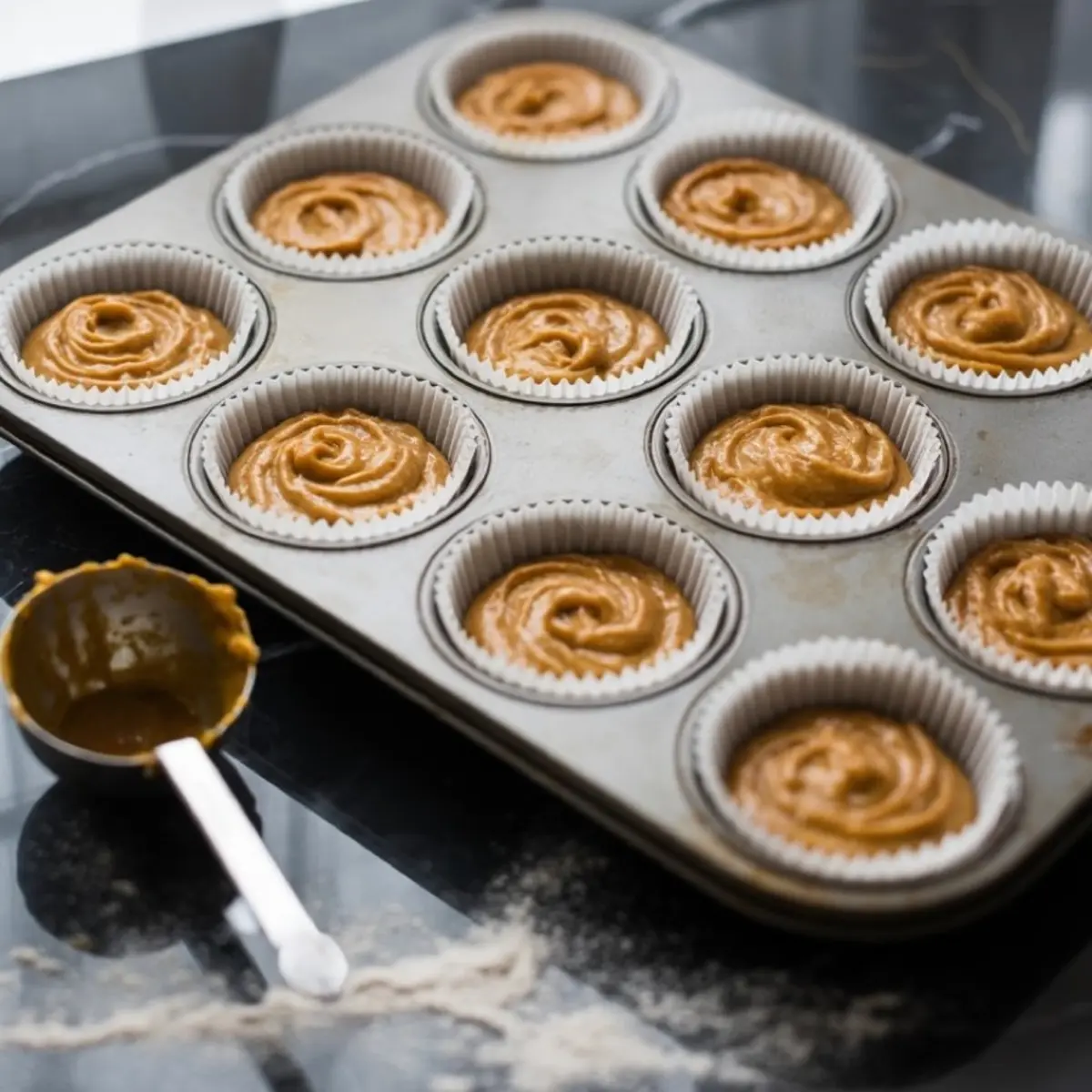 A metal muffin tin filled with raw pumpkin muffin batter in white paper liners, set on a black countertop with a messy scoop and scattered flour, ready for baking.