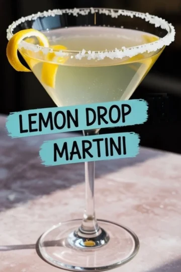 Lemon drop martini served in a sugar-rimmed martini glass, garnished with a lemon twist and placed on a pink marble surface, with bold black and blue label text reading “LEMON DROP MARTINI.”