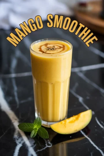 Tall glass of mango smoothie topped with swirl of syrup and cardamom seeds, styled with mango slice and mint leaves on a black marble countertop under the curved text “Mango Smoothie”.